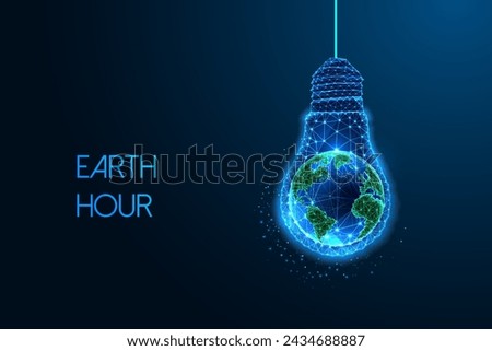 Earth Hour, Energy conservation futuristic concept with planet Earth inside of lighbulb in glowing low polygonal style on dark blue background. Modern abstract connection design vector illustration.