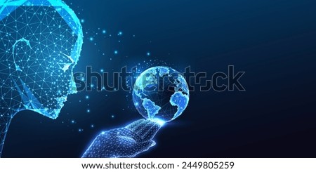 AI safeguarding Earth future. Futuristic guardianship. Global connectivity symbolized by AI face holding Earth concept in glowing polygonal style on dark blue background. Abstract vector illustration