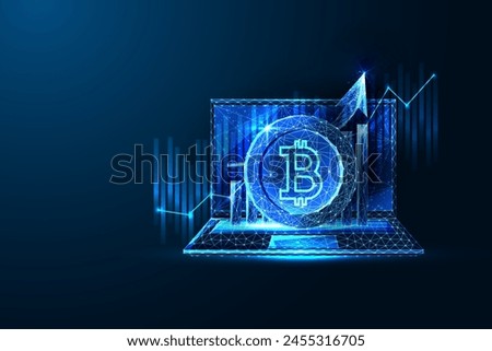 Futuristic Bitcoin ETF concept with growth chart, laptop, and cryptocurrency symbols on dark blue background. Digital finance innovation. Glowing polygonal style. Abstract design vector illustration