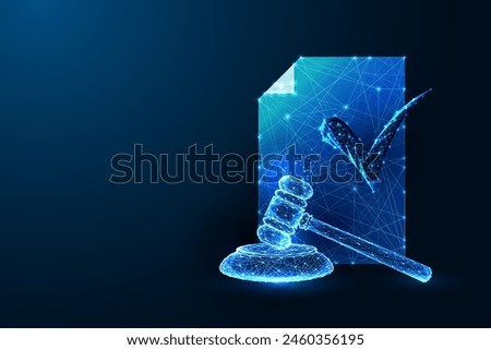 Legal document verification, attorney futuristic concept with gavel and check mark symbol in glowing low polygonal style on dark blue background. Modern abstract connection design vector illustration