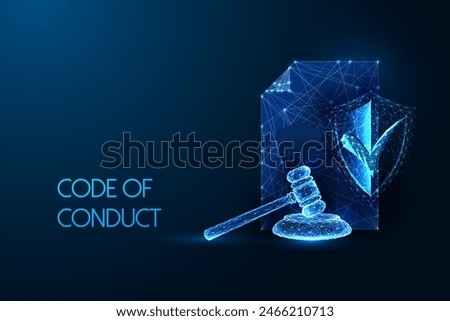 Futuristic code of conduct, corporate govenrnace concept with document, gavel, and shield with an approval mark on dark blue background. Glowing low polygonal style. Modern design vector illustration