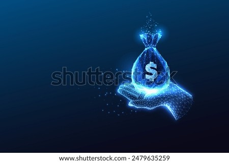 Wealth, finance, economic prosperity futuristic conceptual image with hand holds money bag on dark blue background. Glowing low polygonal style. Modern abstract conncection design vector illustration