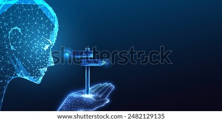 Advanced decision-making, decision support through AI futuristic concept with humanoid head ponders options. Glowing low polygonal style on blue background. Modern abstract design vector illustration.