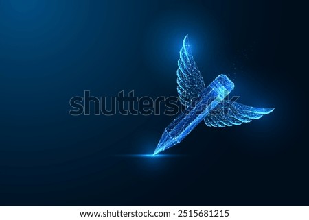 Creative writing, freedom of expression, storytelling, artistic imagination abstract concept with glowing pencil on dark blue background. Futuristic polygonal style. Modern design vector illustration.