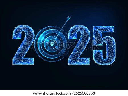 2025 New Year goals with glowing 2025 digits and target symbol on dark blue background. Focus on achievement, modern design, ambition, strategic growth. Low polygonal abstract vector illustration.