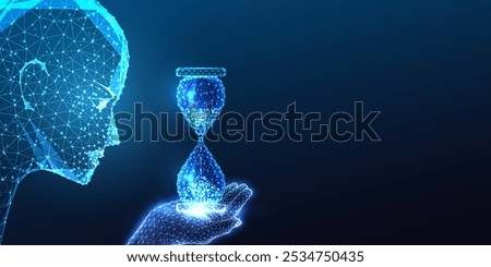 AI for time efficiency concept with robotic head holding hourglass on dark blue background. Automation, productivity, time management solutions. Glowing polygonal abstract vector illustration.