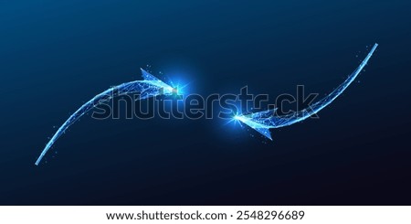 Two glowing curved arrows converge on dark blue background, symbolizing connection, progress, digital innovation, and strategic alignment concept. Glowing low polygonal abstract vector illustration.