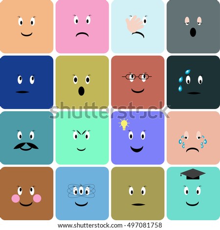 Emoticons, emoji, smiley square icon set. Vector illustration in flat style.