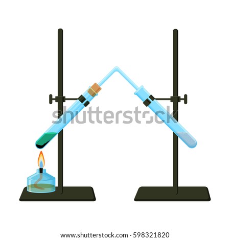 Chemical experiment  of thermal decomposition of solid compound to gas. Two tripods holding test tubes with chemical substances linked with glass pipe and alcohol burner. Cartoon vector illustration.
