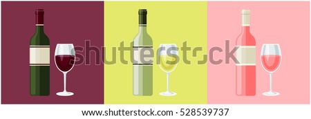 Set of vector red, white and rose wine bottles with glasses