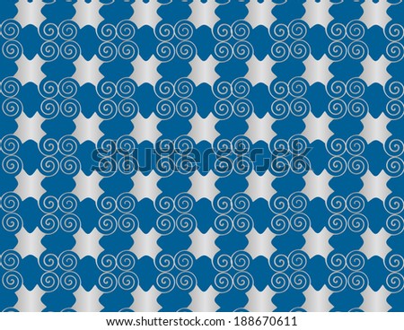Wallpaper grid pearl arabesque spiral on blue background.