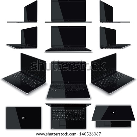 Vector illustration of a laptop - multiple views  Generic elegant, glossy design, full keyboard with Numerical Pad, full array of connectivity ports drawn in high detail