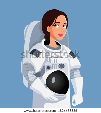 Female Astronaut Wearing Space Suit Holding His Helmet. Woman wearing a spacesuit ready for outer space traveling experience
