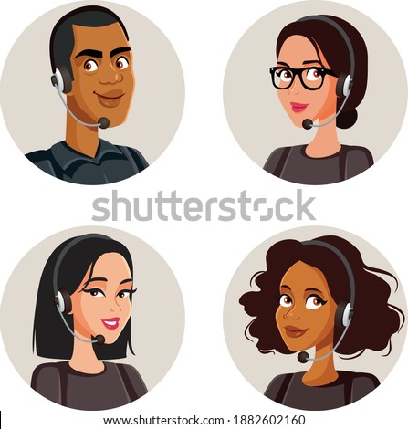 Call Center Agents Avatars Collection Set. Smiling office workers with headsets cartoon characters 
