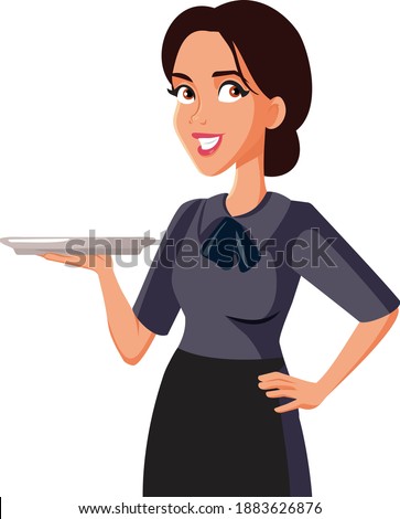 Happy Waitress Holding a Tray Vector Illustration. Female restaurant worker greeting customers
