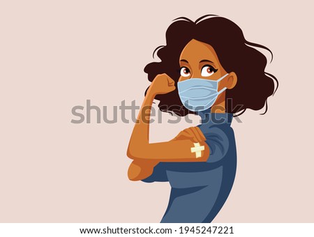 African Woman Showing Vaccinated Arm. Vaccine distribution for general population concept illustration
