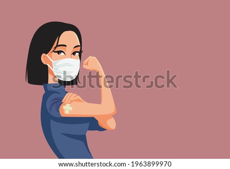 Asian Woman Showing Vaccinated Arm Vector Illustration. Vaccine distribution for general population concept illustration 
