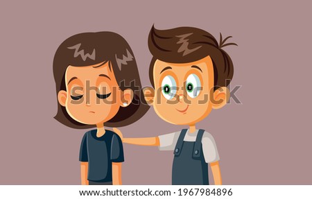 Boy Comforting Girl Vector Cartoon Illustration. Empathic supportive big brother encouraging sad unhappy sister 
