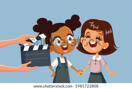 Children Taking Acting Classes Vector Cartoon Illustration. Little girl learning about acting at a young age starring in tv production for kids
