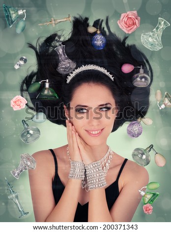 Perfume Fantasy in Zero Gravity - Beautiful young woman surrounded by floating perfume bottles in a glamour portrait