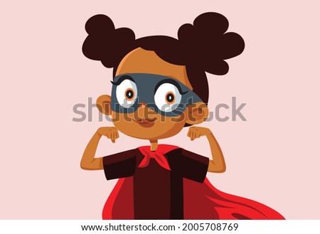 Superhero Little Girl Vector Cartoon Illustration. Child wearing a hero costume pretending to have superpowers feeling optimistic and confident in the future
