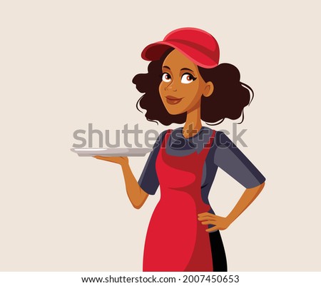 Afro-American Waitress Holding a Tray Vector Illustration. Female fast food restaurant worker greeting customers with hospitality
