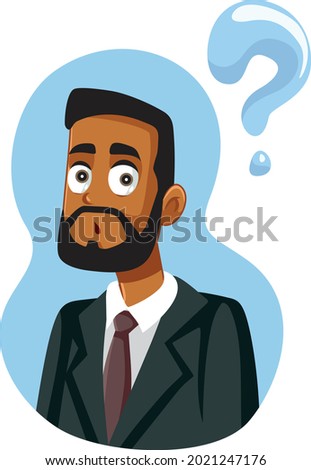 African Businessman Having Questions Vector Illustration. Confused male entrepreneur in doubt planning his business strategy 
