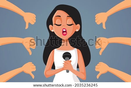 
Woman Singing Receiving Thumbs Down Vector Cartoon Illustration. Female singer with a bad voice embarrassing herself in singing competition

