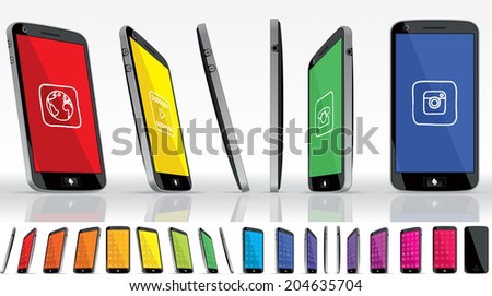 Black Smart Phone - Multiple Views - Vector illustration showing a smart phone in multiple positions and display colors.  File type: vector EPS AI8 compatible.  