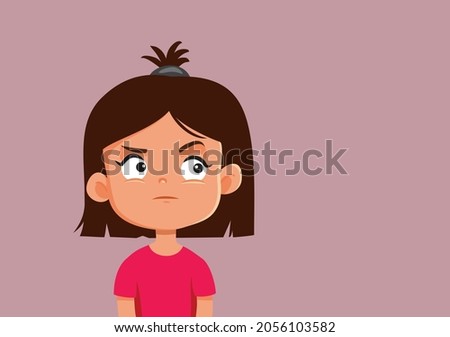 
Suspicious Pensive Girl Looking Sideways Vector Cartoon. Toddler feeling skeptical and mistrustful overthinking decisions
