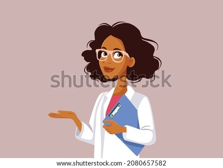 
Female Doctor Holding Medical File of a patient Vector Illustration. Medical practitioner holding a record file making a presentation gesture 
