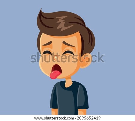 
Disgusted Little Boy Sticking Tongue Out Vector Cartoon. Child reacting to awful stink making yuck face expression
