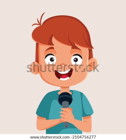 

Happy Cheerful Boy Holding a Microphone Vector Cartoon. Little child performing for live audience in kindergarten show 
 Imagine de stoc © 