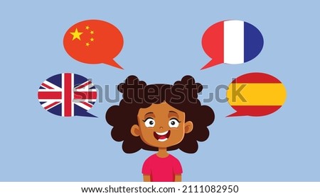 
Polyglot Little Girl Speaking English, Chinese, French and Spanish. Child of African Ethnicity speaking multiple languages fluently 
