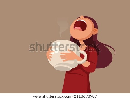 
Tired Woman Holding a Large Coffee Cup Vector Cartoon. Caffeine addict having her daily mug in the morning
