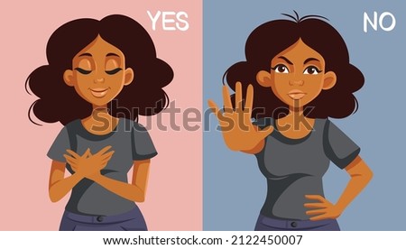 
Woman Expressing Yes and No in Different Situations Vector Illustration. Girlfriend showing both positive and negative feedback response 
