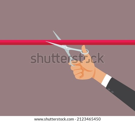 
Hand Holding Scissors Cutting Red Ribbon Vector Cartoon Illustration. Businessmen holding a pair of clippers ready for grand opening ritual
