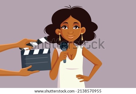 
Crew Filming a Talent Show with Musical Performance Vector Illustration. Female entertainer singing in a televised talent show 
