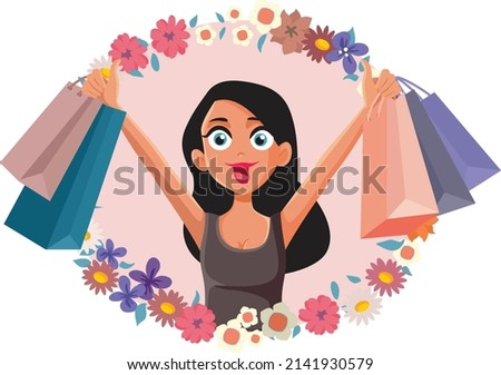 
Woman Shopping on Spring Sale Season Vector Illustration. Cheerful excited shopper girl going on a shopping spree
