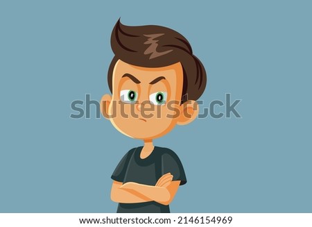 
Upset Little Boy with Arms Crossed Vector Cartoon Illustration. Frowning child having a crisis feeling frustrated 
