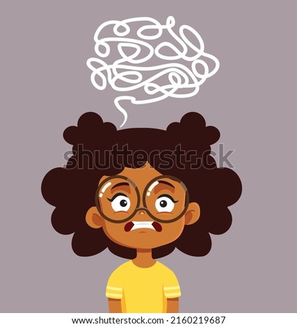 
Stressed Little Girl Feeling Confused Vector Cartoon Illustration. Smart student thinking of a difficult problem trying to solve it
