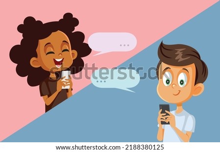 
Happy Kids Texting Each Other Vector Cartoon Illustration. Smiling friends keeping in touch via online messaging on social media
