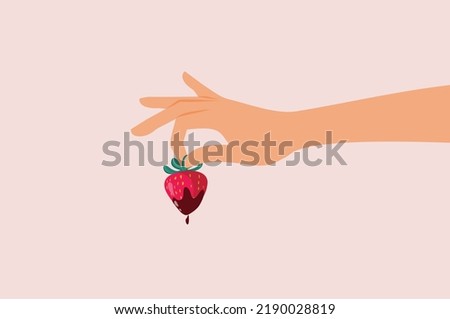 
Hand Holding a Strawberry Dipped in Chocolate Vector Illustration. Girlfriend offering an aphrodisiac dessert food as temptation
