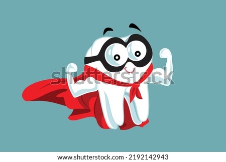 
Strong Superhero Molar Tooth Vector Cartoon Mascot Character. Happy cheerful character celebrating perfect dental health 
