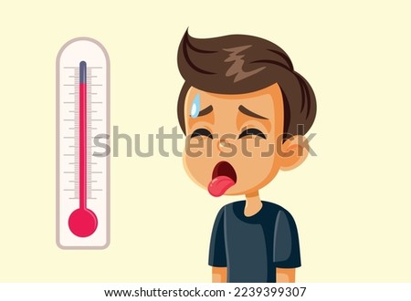 
Little Boy Suffering in Hot Weather Vector Cartoon Illustration. Unhappy child feeling felling dehydrated and exhausted in drought season
