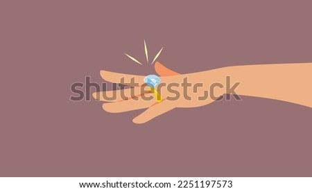 
Woman Showing off Her Big Diamond Ring Vector Cartoon Illustration. Engaged girl wearing a large gemstone on her ring finger

