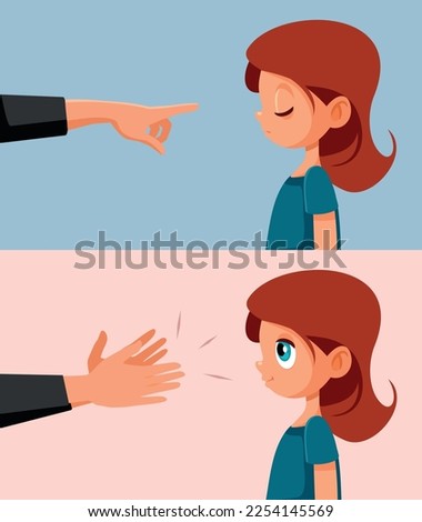 
Punishment versus Praising Parenting Style Vector Cartoon Illustration. Little girl feeling happy or sad being scolded or appreciated 
 Foto d'archivio © 