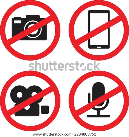
Stop Photographing, Video and Audio Recording Warning Sign Collection. Warning for broadcasting interdiction and restrictions in copyright protected are 
