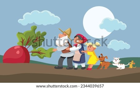 
The Gigantic Enormous Turnip Vector Cartoon Fairytale Illustration. Family working together doing to harvest big organic vegetable in folklore story  
