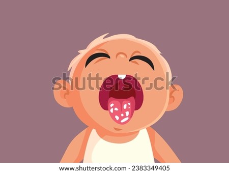 
Little Baby Suffers from Candidiasis Vector Cartoon Illustration. Unhappy infant suffering from milk tongue or oral tush 
